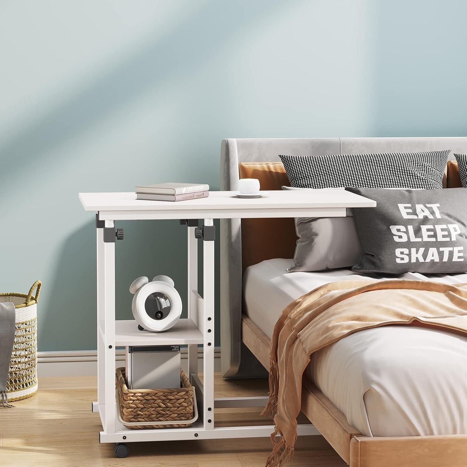 C Shaped Side Table Height Adjustable Sofa Bed Laptop Desk Wheels