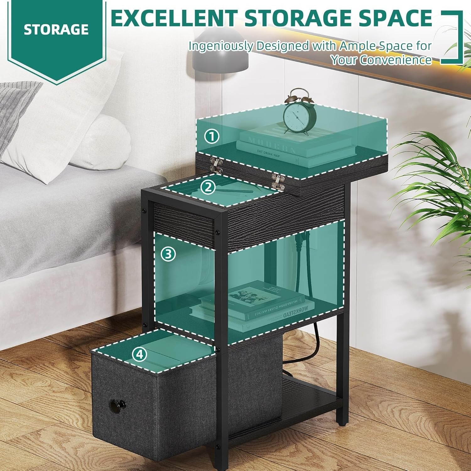 Slim Charging Side Table with USB Ports, Storage Shelf & Drawer for Bedroom