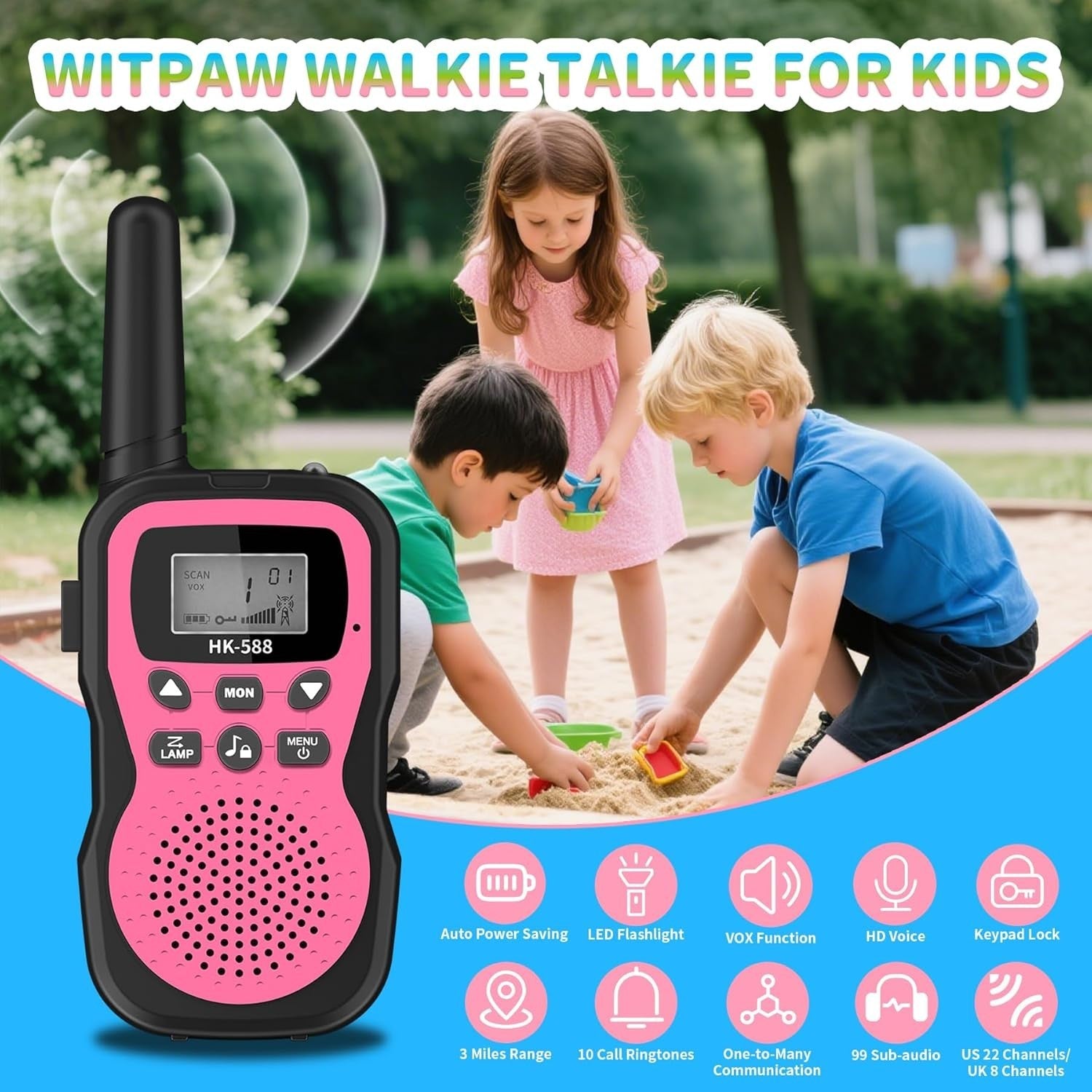 Kids Rechargeable Walkie Talkies 3 Pack 3KM Range 22CH LED Flashlight
