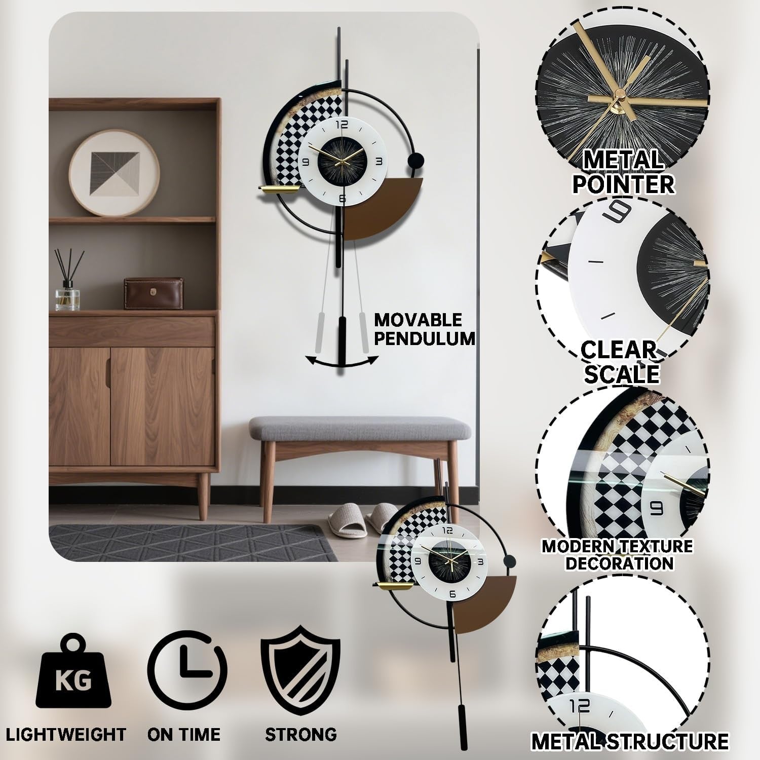 Modern Geometric Wall Clock 31" Silent Quartz Pendulum Design Large Home Decor