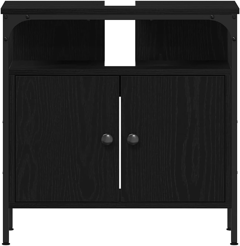 Black Oak Bathroom Sink Cabinet | 60x30x60cm Modern Storage Unit with Shelves