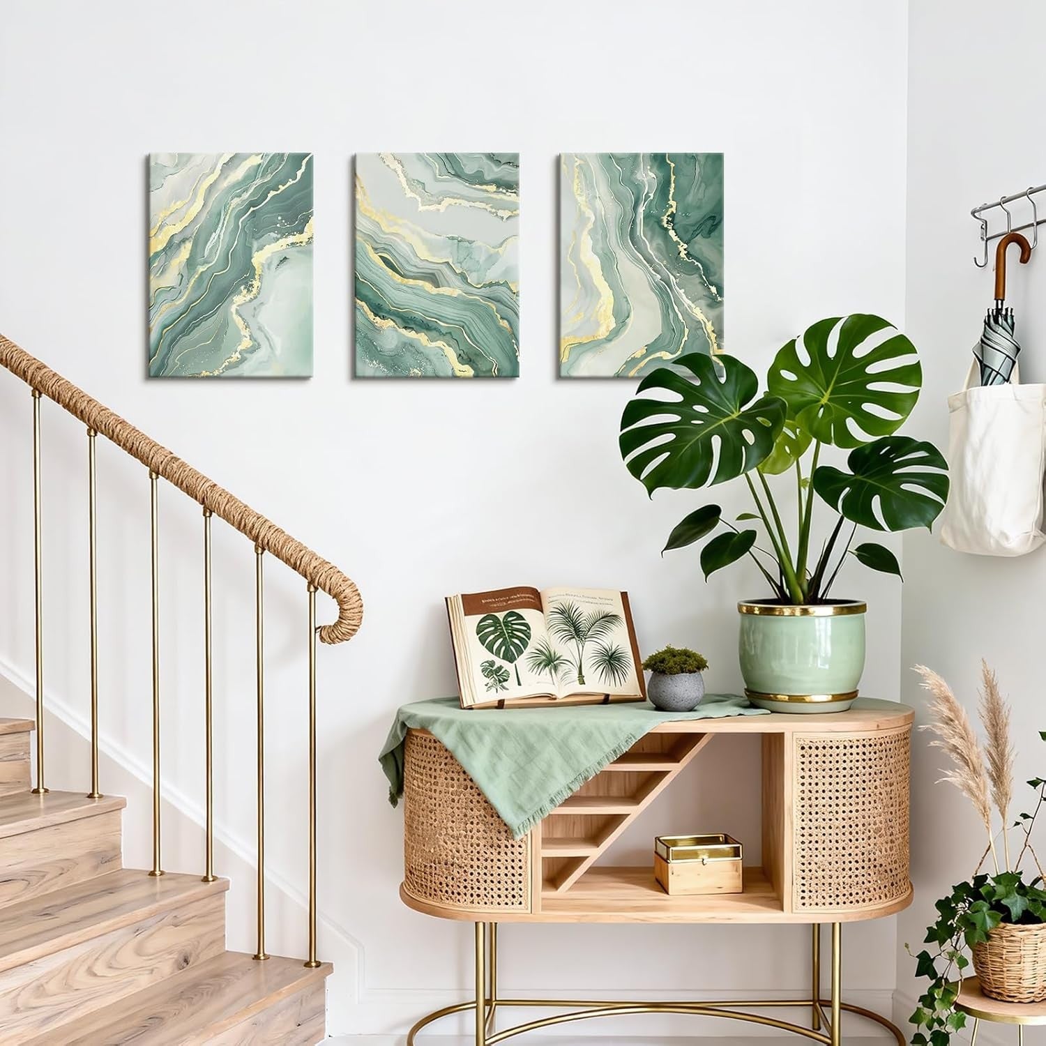 Set of 3 Sage Green Gold Abstract Canvas Wall Art 30x40cm