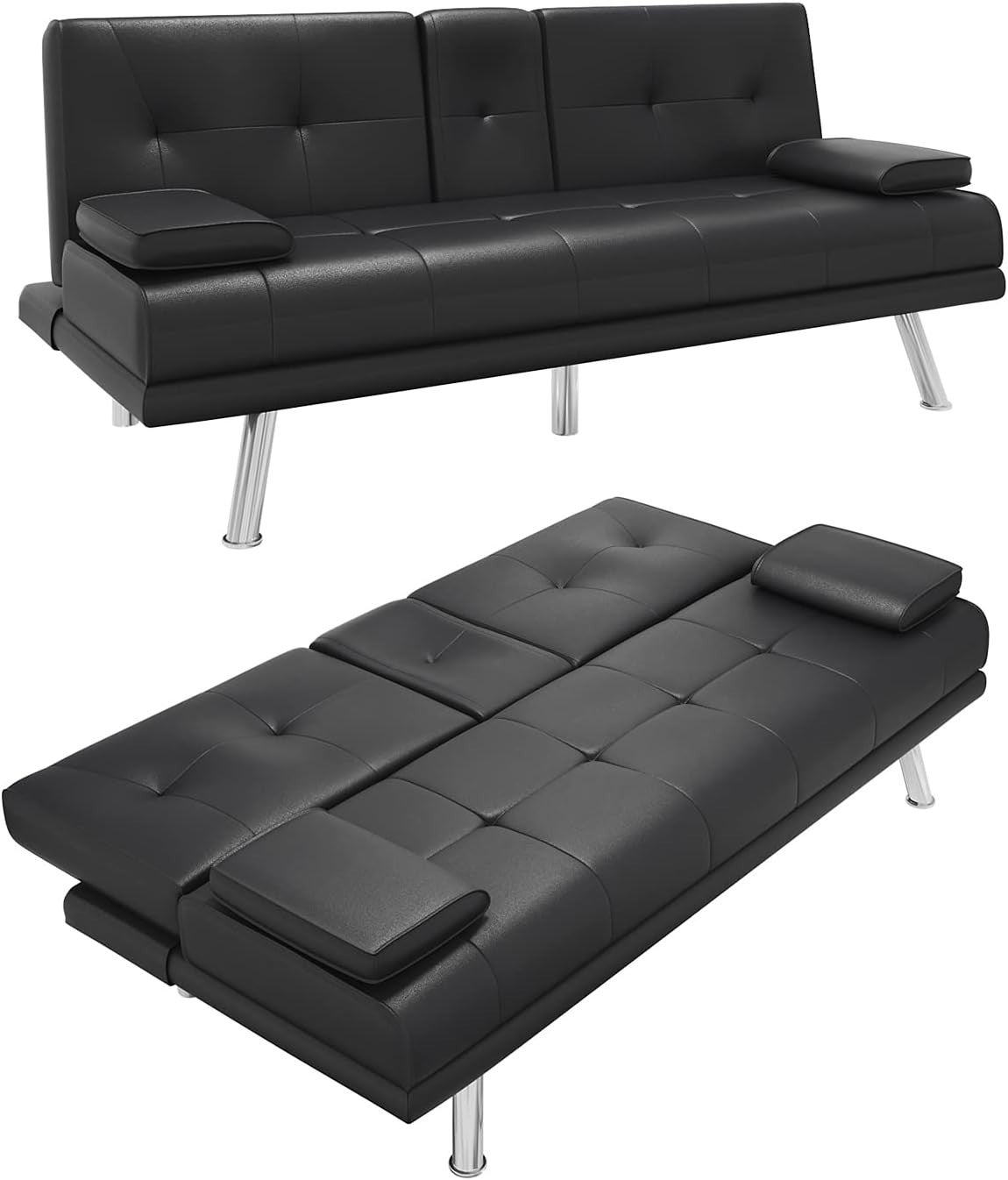 Black Leather 2 Seater Sofa Bed with Cup Holders & Storage, Compact