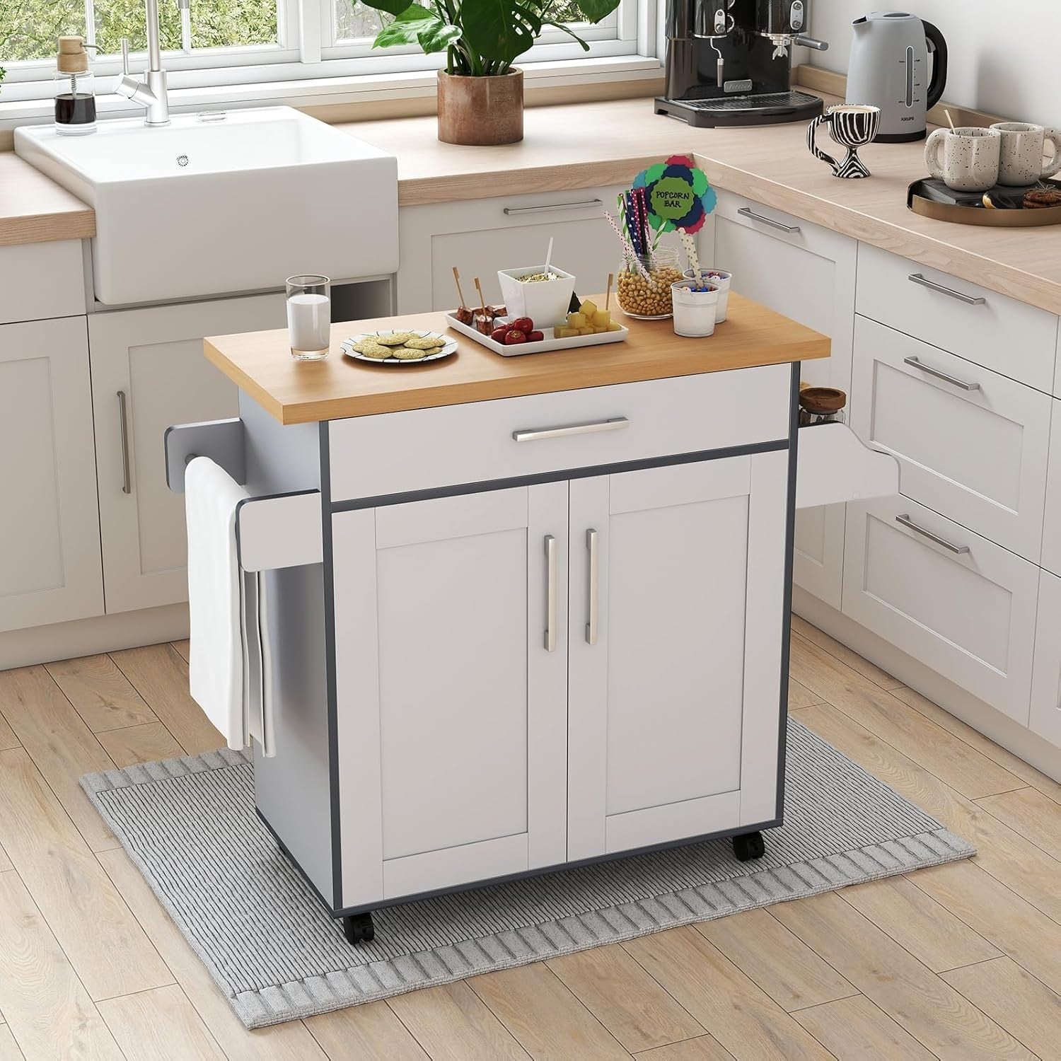 Large Kitchen Island Trolley Adjustable Shelf Drawer Grey
