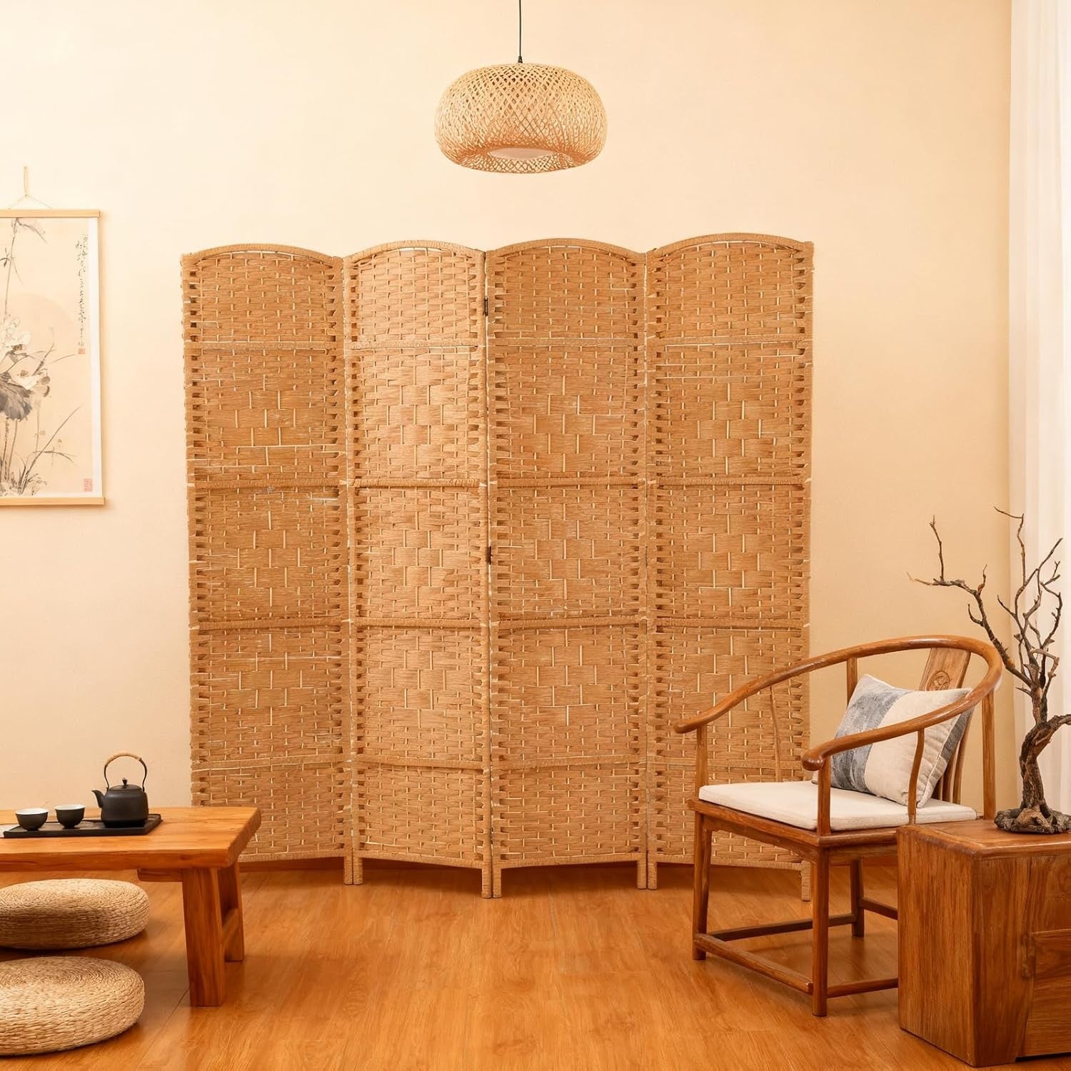 Natural 4 Panel Wicker Folding Room Divider Handwoven Privacy Screen 170cm
