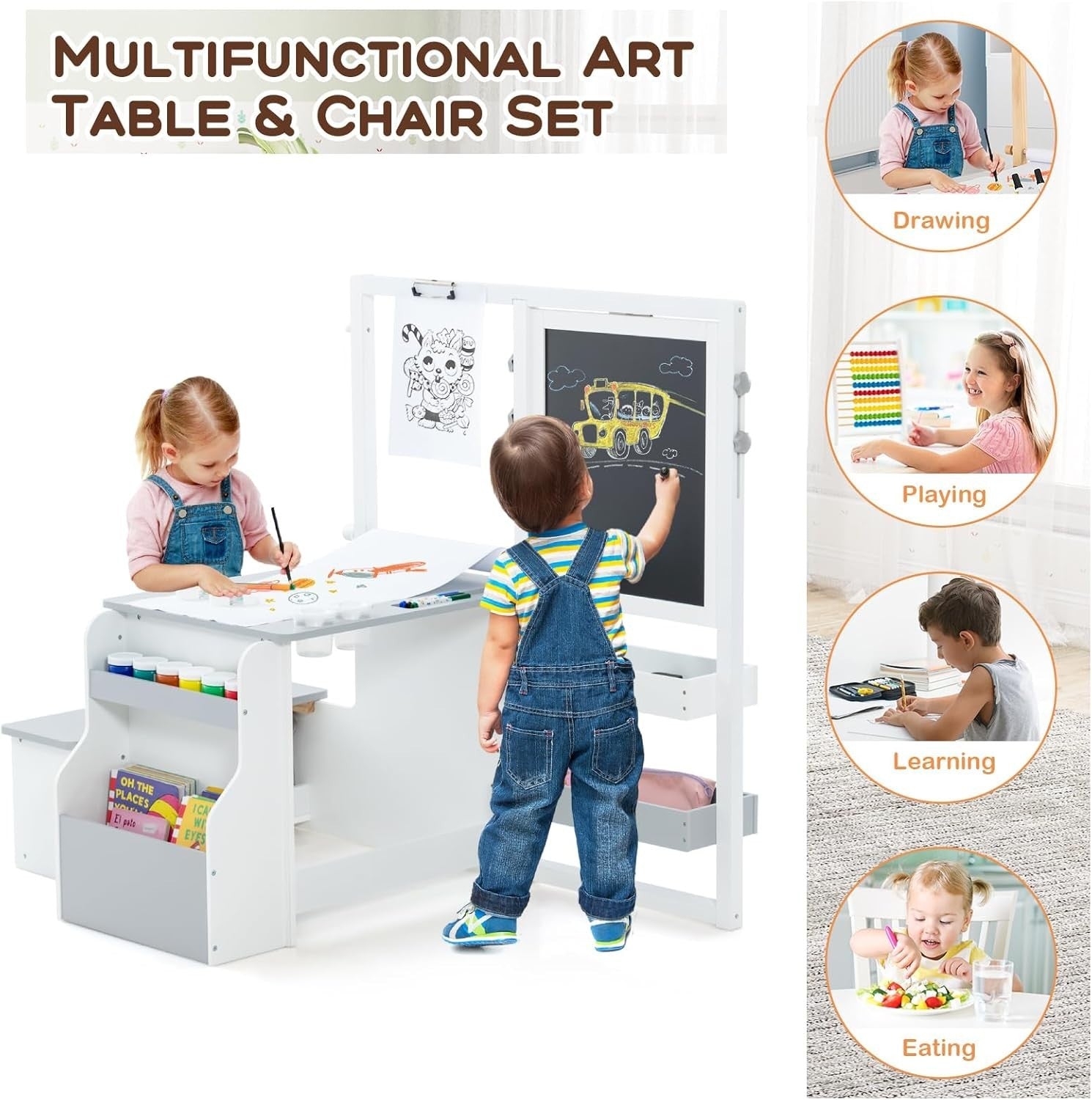Adjustable Kids Art Table & Bench Set with Easel, Storage & Accessories