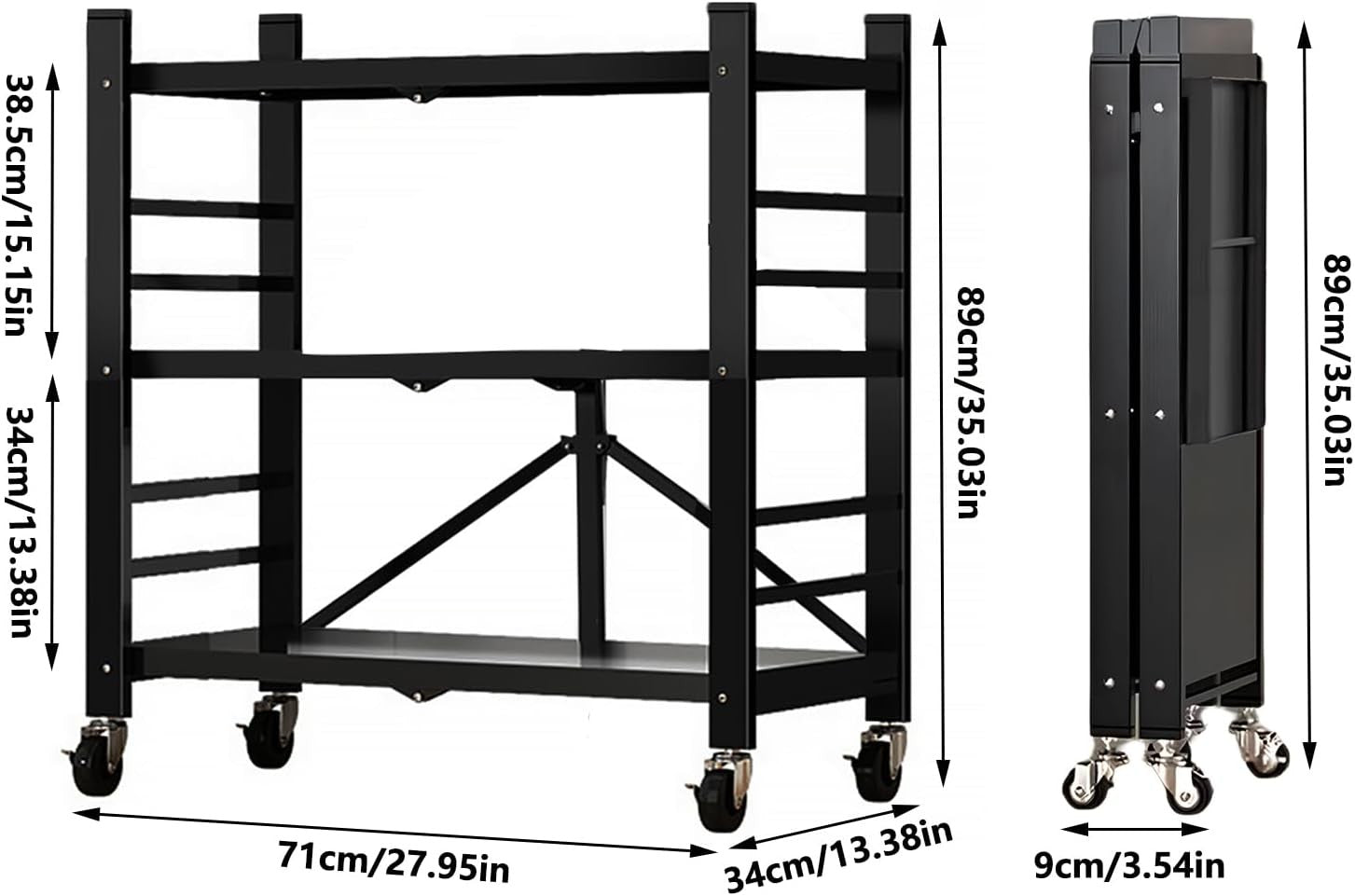 3 Tier Folding Storage Shelving Unit on Wheels Metal Rack Kitchen Garage