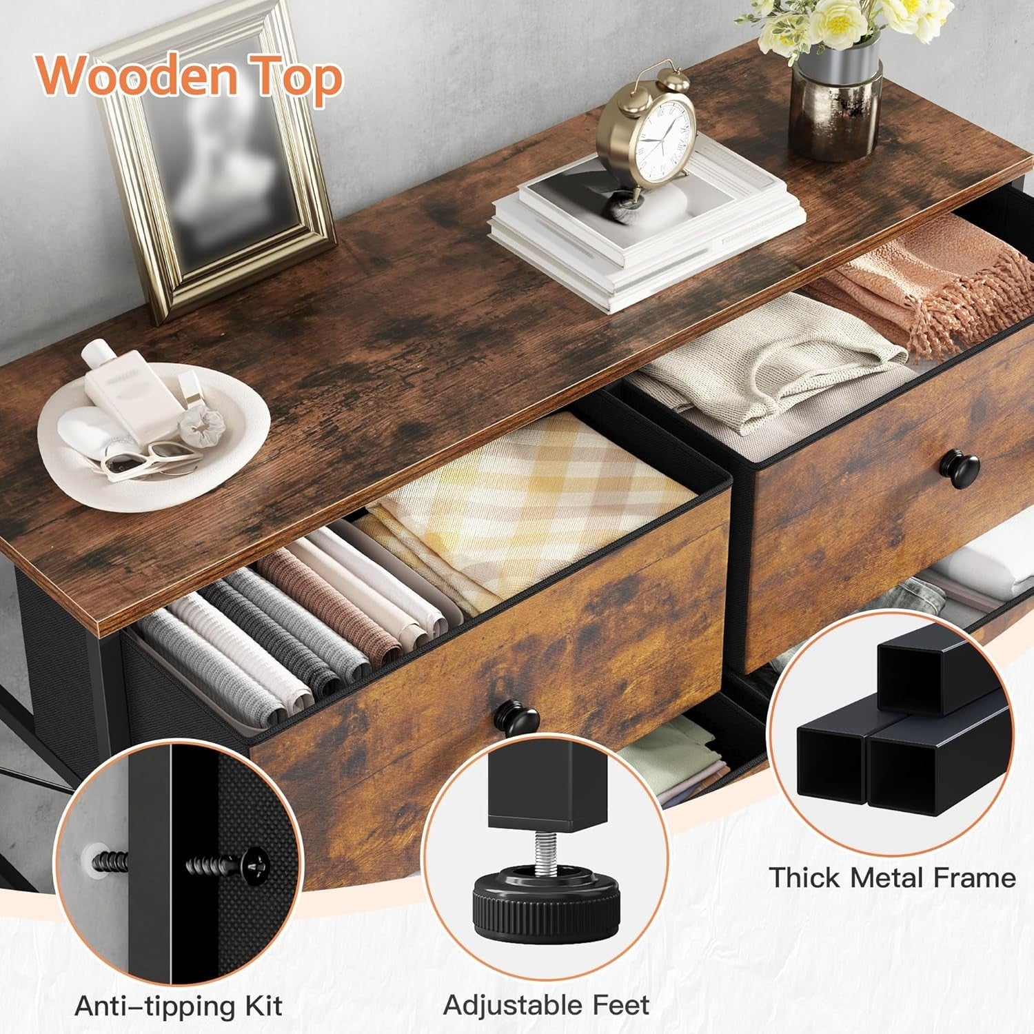 Tall 12 Drawer Chest Rustic Brown Fabric Storage Unit Metal Wood Frame