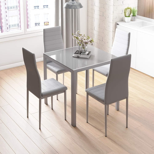 Modern Grey Glass Dining Table Set with 4 Faux Leather Chairs – 75cm Square