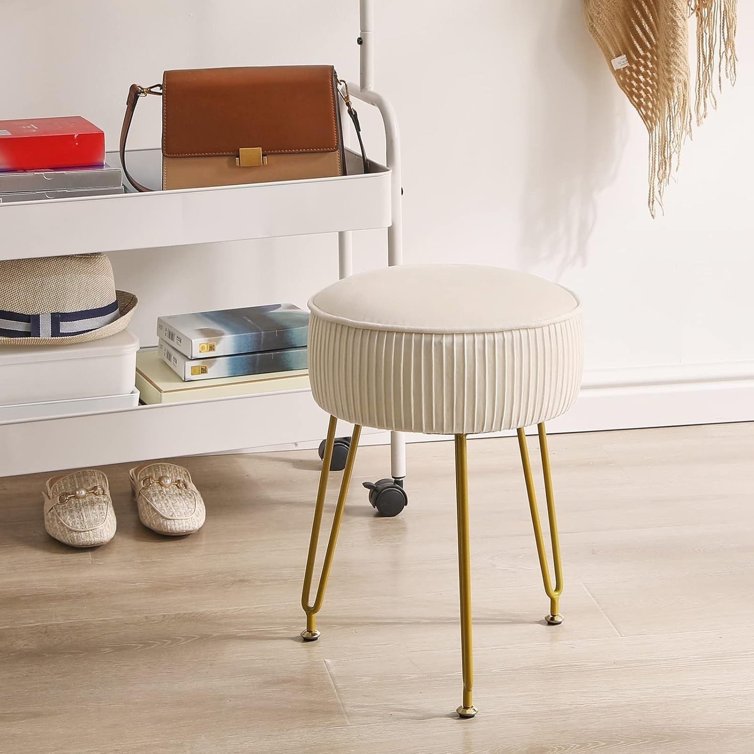 Cream Velvet Round Footrest Ottoman – Vanity Stool with Golden Steel Legs