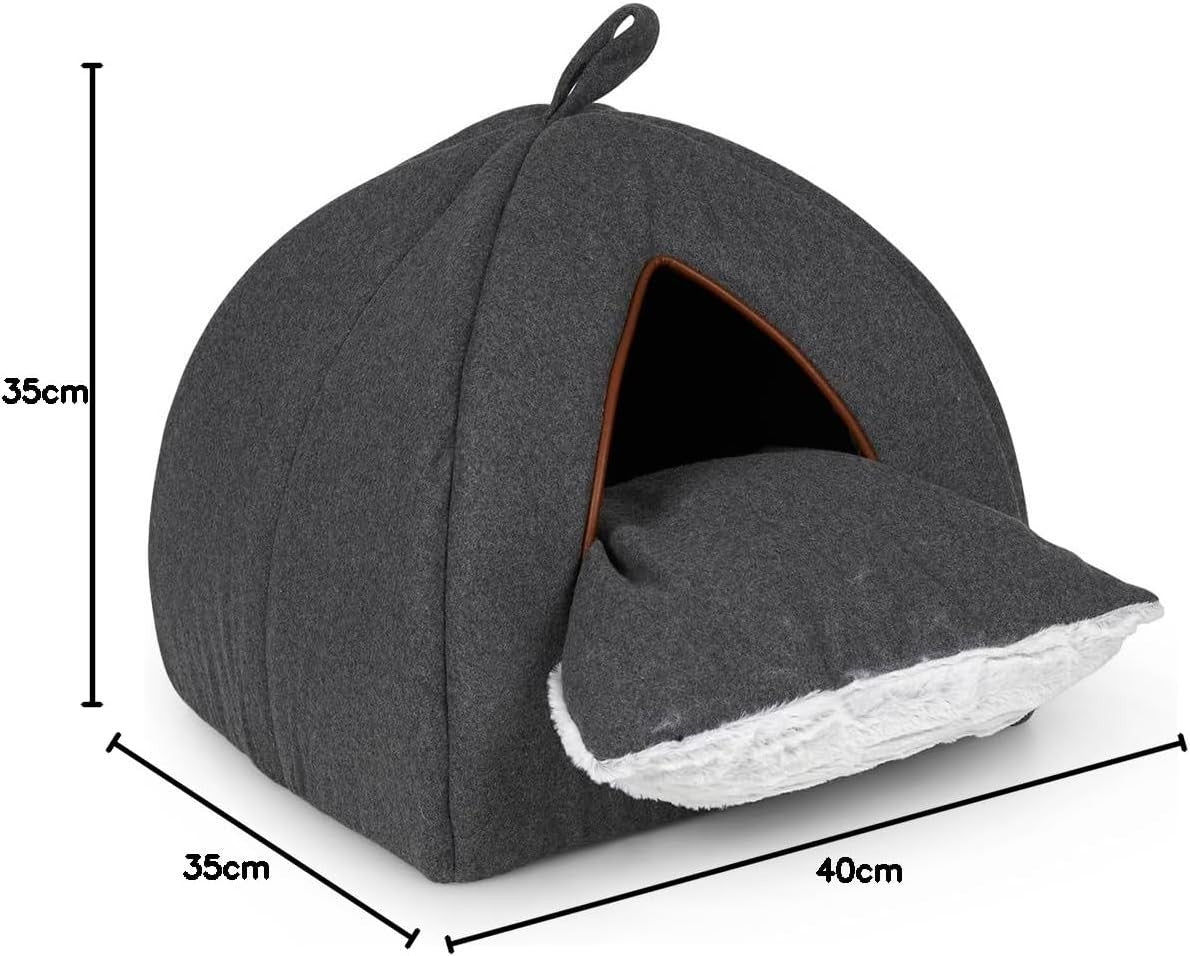 Graphite Grey Felt Cat Igloo Bed Soft Fleece Cushion Cozy Pet Hideaway