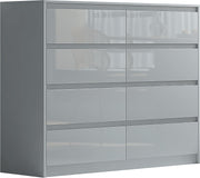 Glossy Grey 8 Drawer Chest - Modern Handleless Bedroom Storage Cabinet