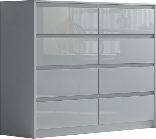 Glossy Grey 8 Drawer Chest - Modern Handleless Bedroom Storage Cabinet