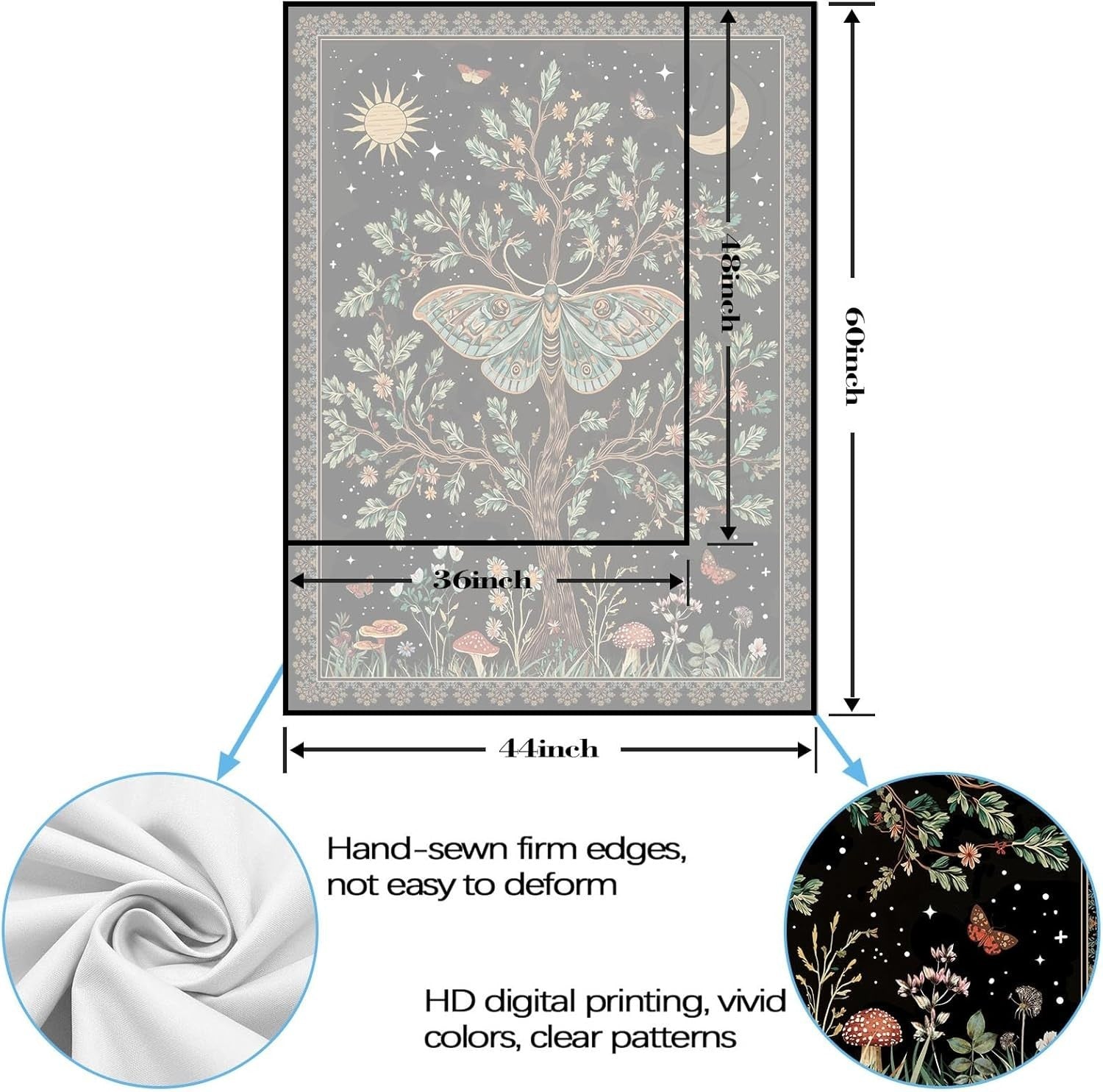 Tree of Life Wall Tapestry Celestial Moth Boho Decor 36x48
