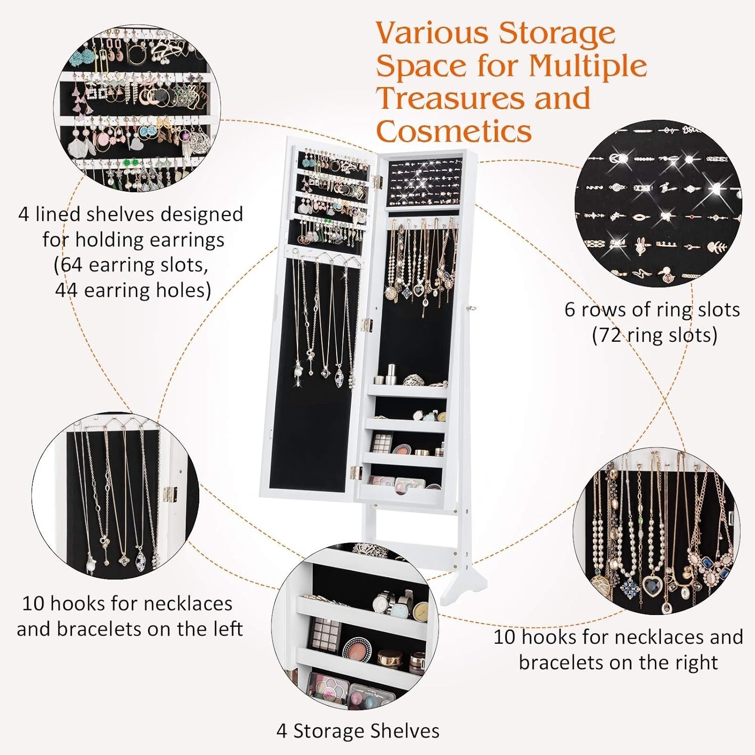 White Standing Jewelry Armoire Adjustable Full Length Mirror Storage