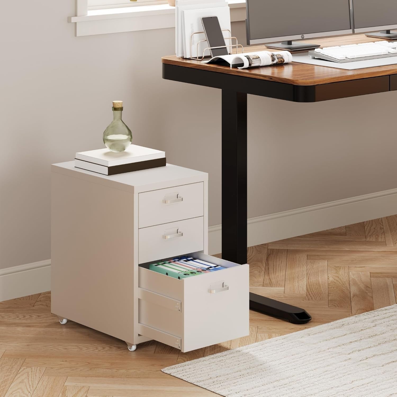 White Mobile Filing Cabinet 3 Drawer A4 Under Desk Printer Stand