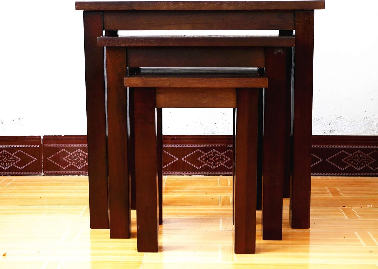3 Nesting Coffee Tables Set Walnut Oak Wood Rectangular Living Room Side End