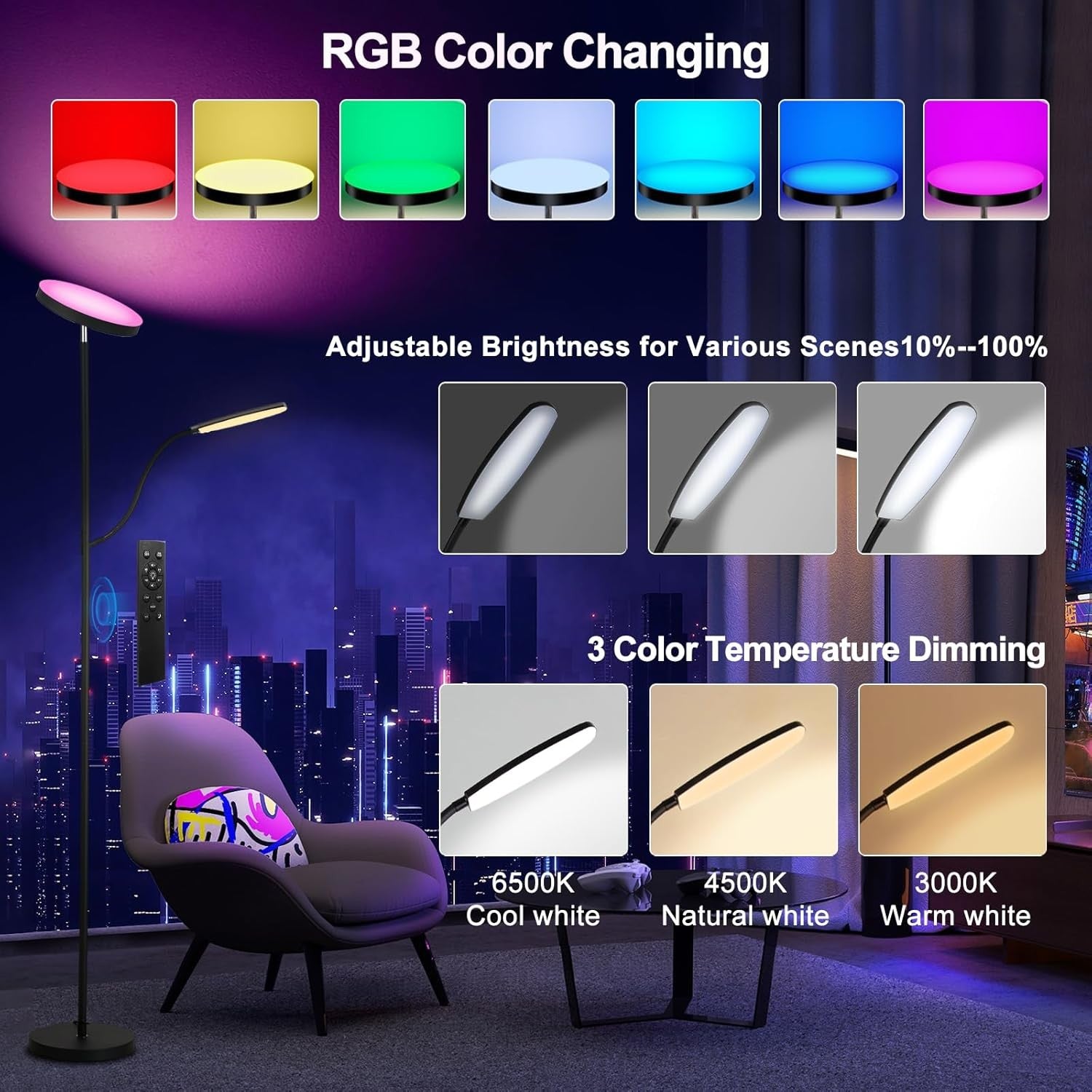 RGB LED Floor Lamp 36W 3000LM Dimmable Torchier with Reading Light