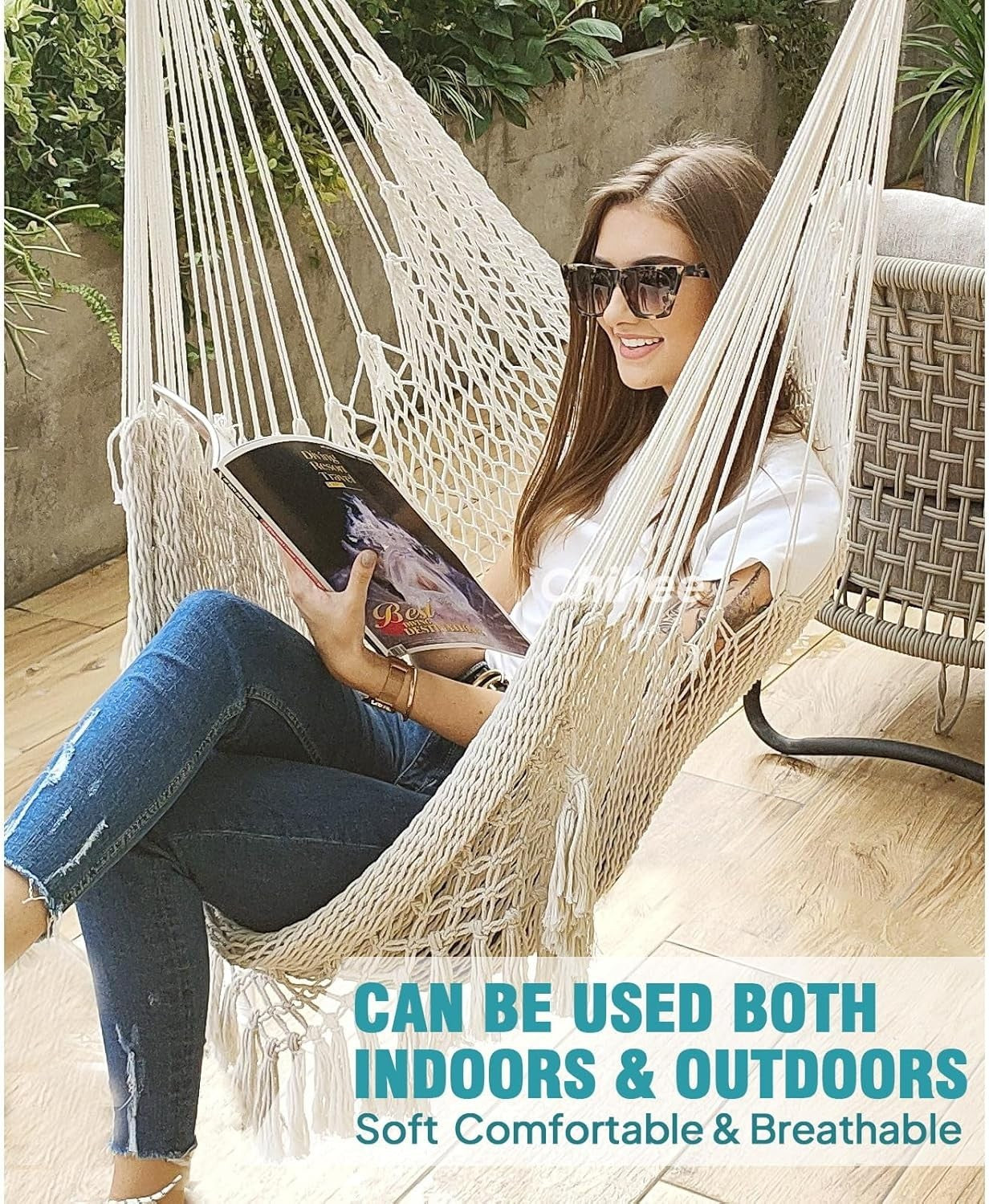 Natural White Hanging Hammock Chair – Breathable Mesh, Indoor Outdoor, 120kg