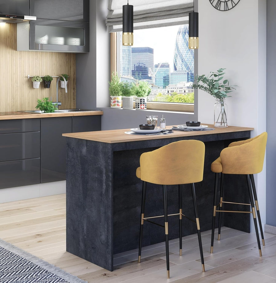 Modern Kitchen Island with Breakfast Bar & Shelves, 130 cm Black Concrete & Oak