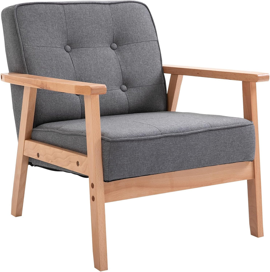 Grey Linen Accent Chair Wooden Frame Lounge Armchair