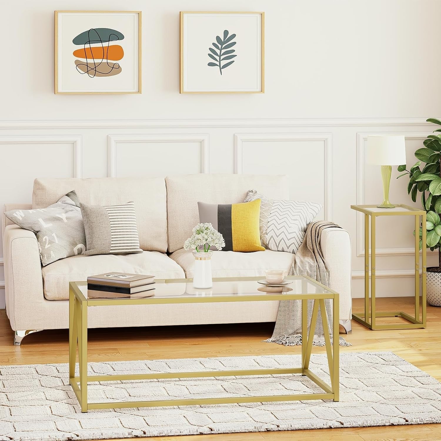 Modern Gold Glass Coffee Table, 100x50cm, Metal Frame, Easy Assembly