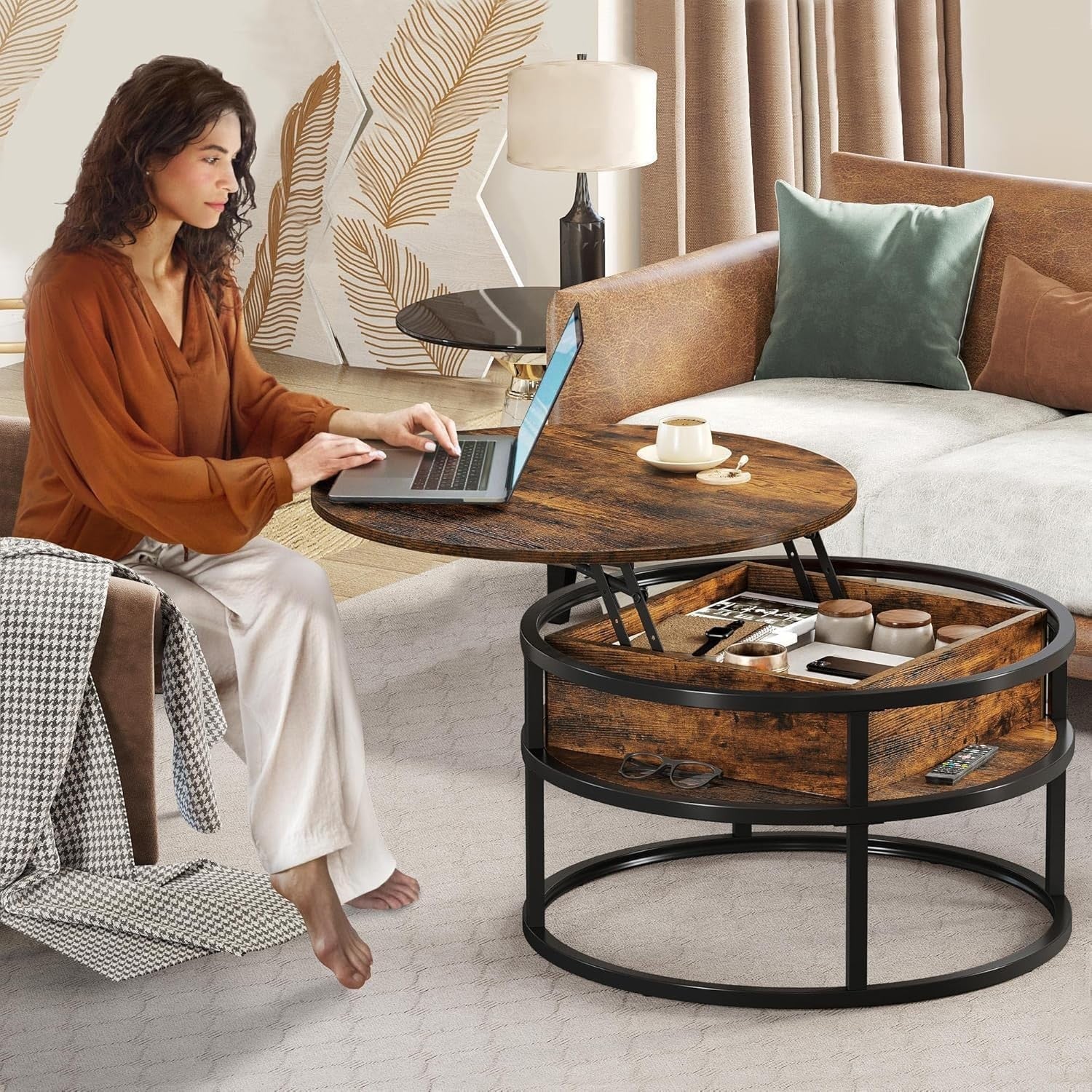 Lift Top Coffee Table Round 80x80x47cm with Hidden Storage Brown Wood