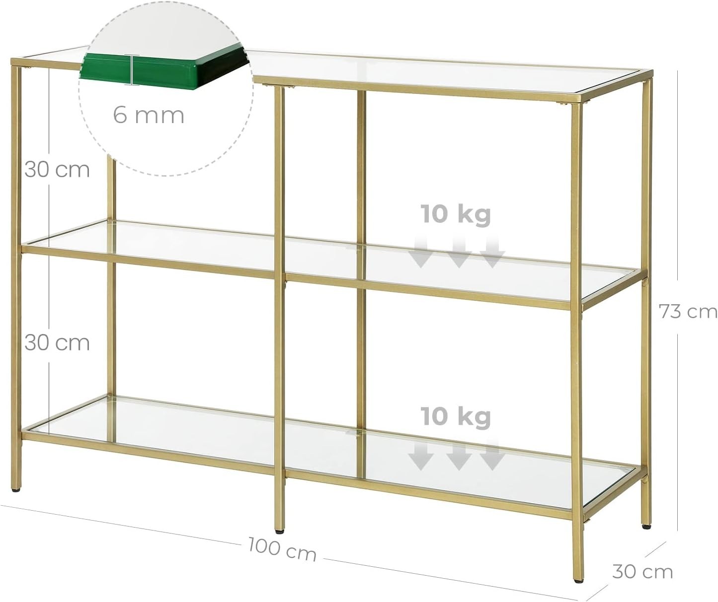 Gold Console Table with Glass Shelves, 3 Tier Storage, 100x30x73cm