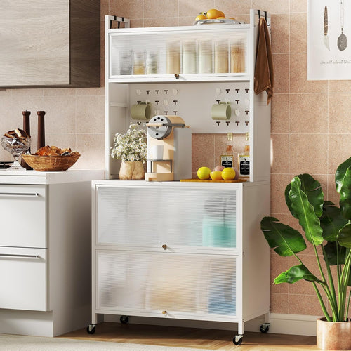 80x40x163cm White Rolling Kitchen Cabinet 5-Tier Pantry Storage with Wheels