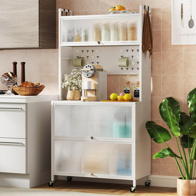 80x40x163cm White Rolling Kitchen Cabinet 5-Tier Pantry Storage with Wheels