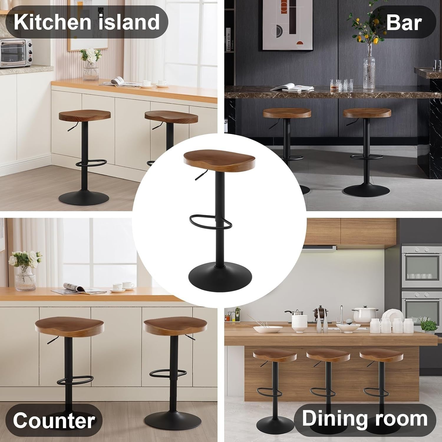 Height Adjustable Swivel Bar Stool with Solid Wood Seat & Footrest