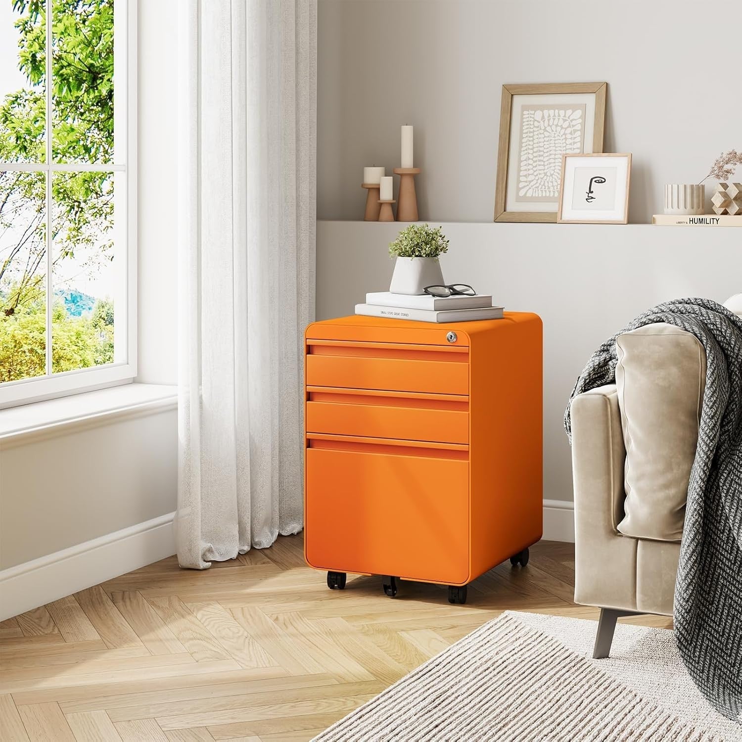 Orange Lockable Metal Filing Cabinet 3 Drawer A4 Anti Tilt on Wheels