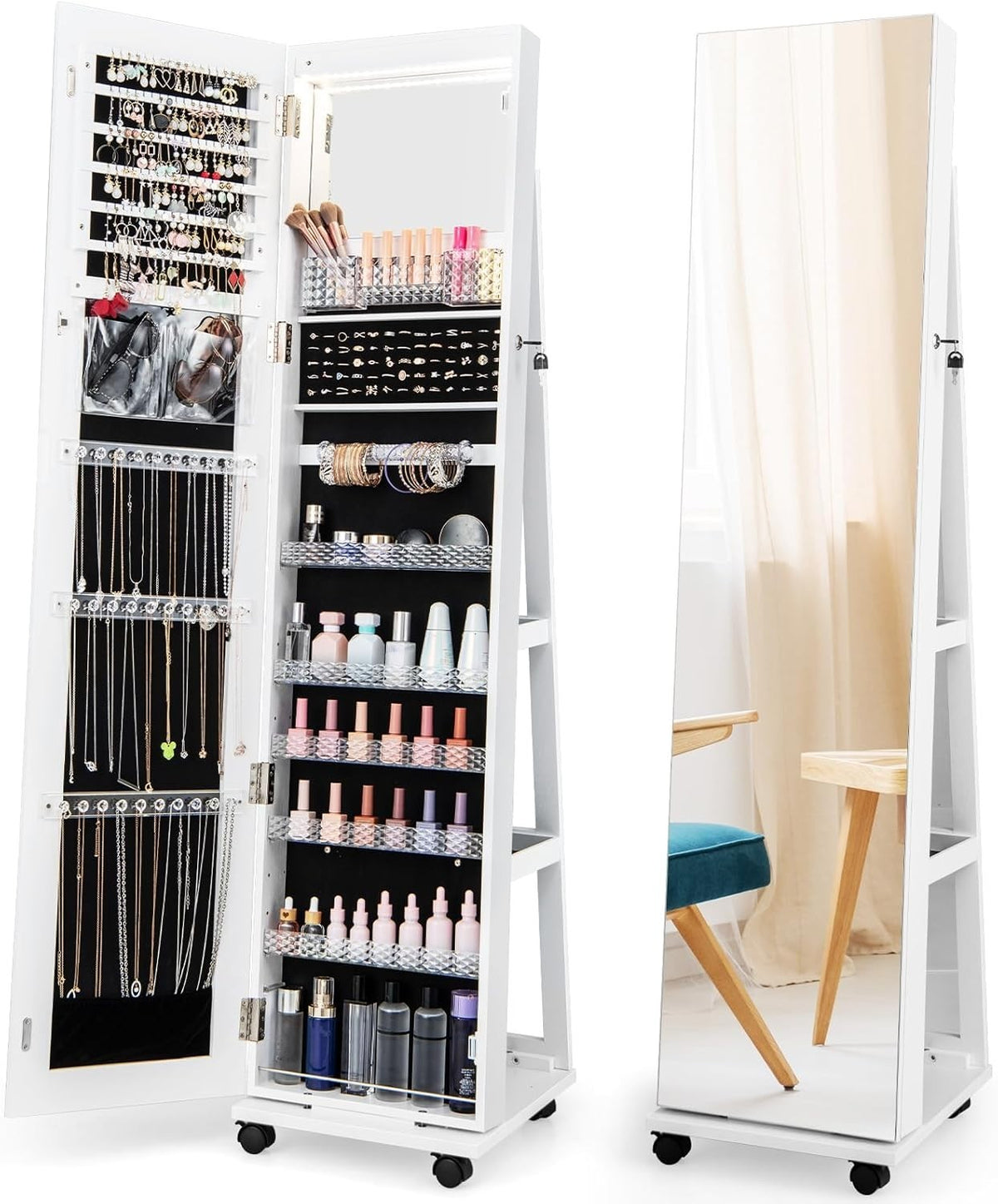 White 360° Swivel Jewelry Cabinet LED Mirror Lockable Rolling Storage