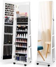 White 360° Swivel Jewelry Cabinet LED Mirror Lockable Rolling Storage