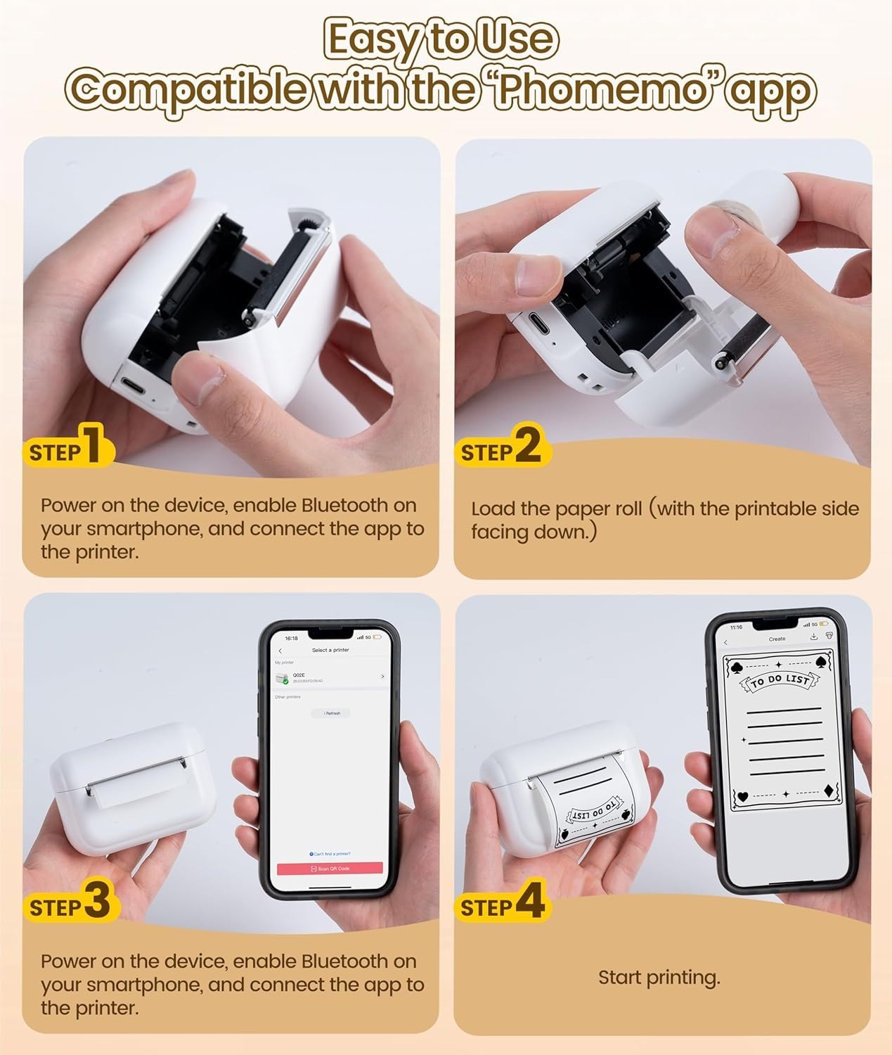 Mini Thermal Sticker Printer White Bluetooth Portable w/ 3 Paper Rolls