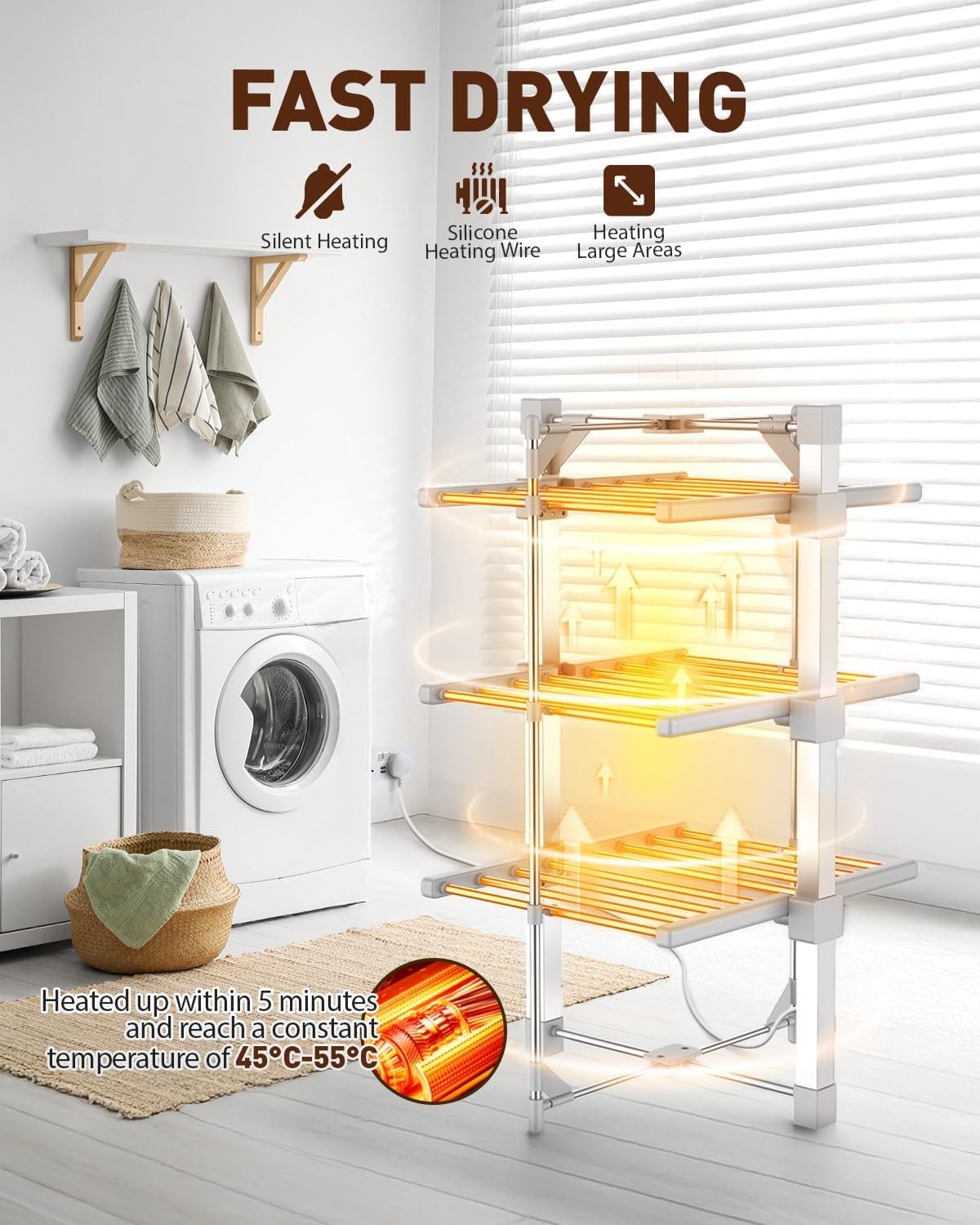 3 Tier Heated Clothes Airer Electric Dryer 24 Heated Bars With Cover
