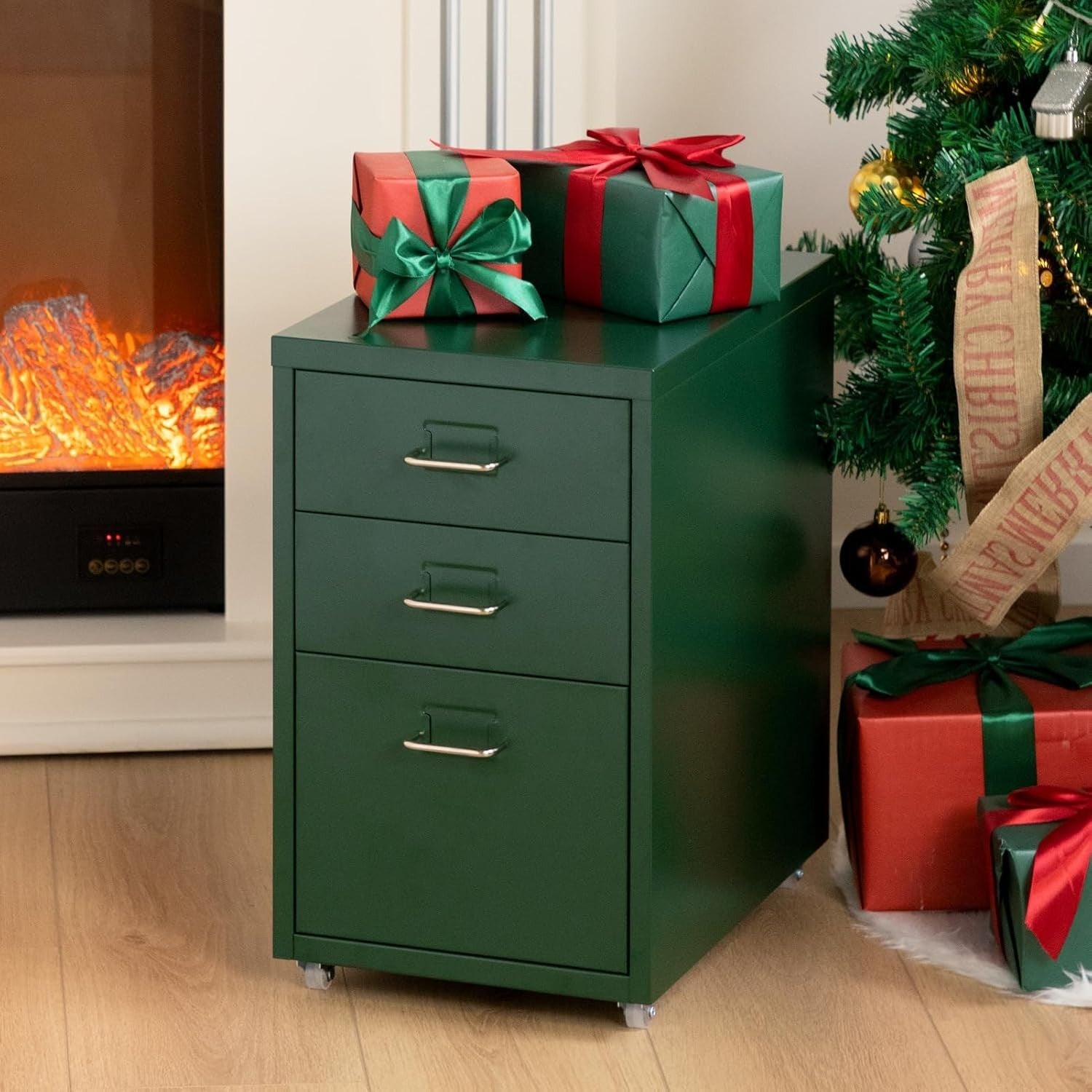 Dark Green Metal Rolling Drawer Cabinet 3 Tier Under Desk Storage