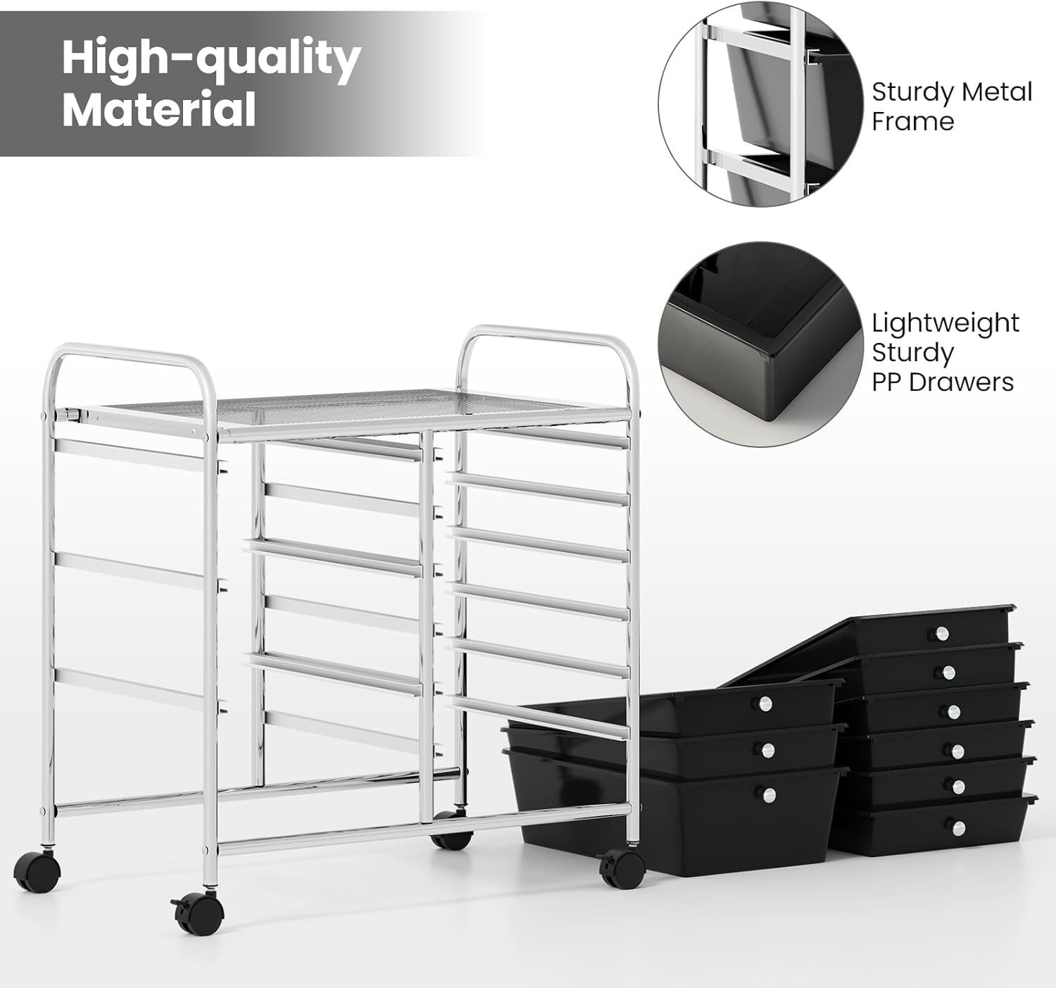 9 Drawer Rolling Storage Cart Utility Organizer Trolley Black Wheels