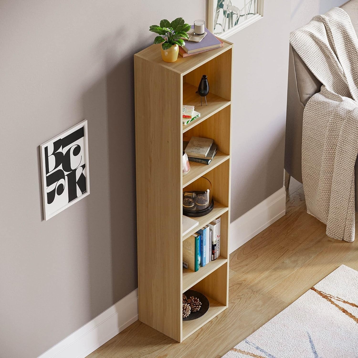 5 Tier Oak Wooden Cube Bookcase Small Storage Shelf for Living Room Office