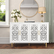 Vintage White Sideboard Cabinet 4 Doors Hollow Carved Buffet Storage Unit