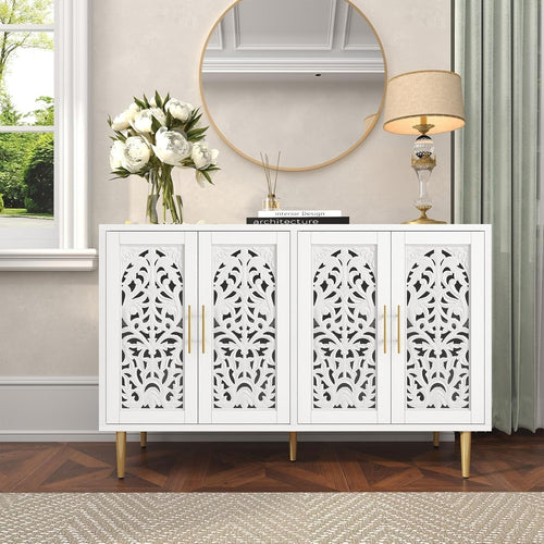 Vintage White Sideboard Cabinet 4 Doors Hollow Carved Buffet Storage Unit
