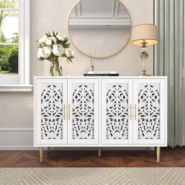 Vintage White Sideboard Cabinet 4 Doors Hollow Carved Buffet Storage Unit