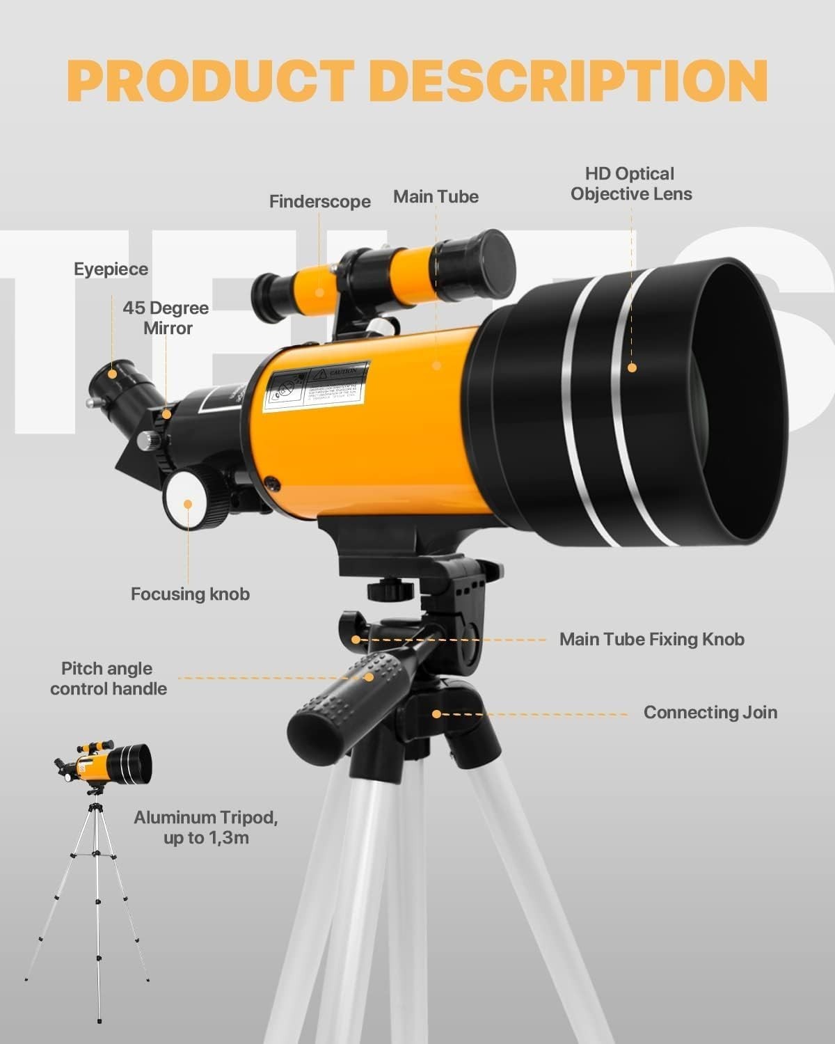 70mm Space Telescope 150x Magnification Kids Beginner Scope Tripod Yellow