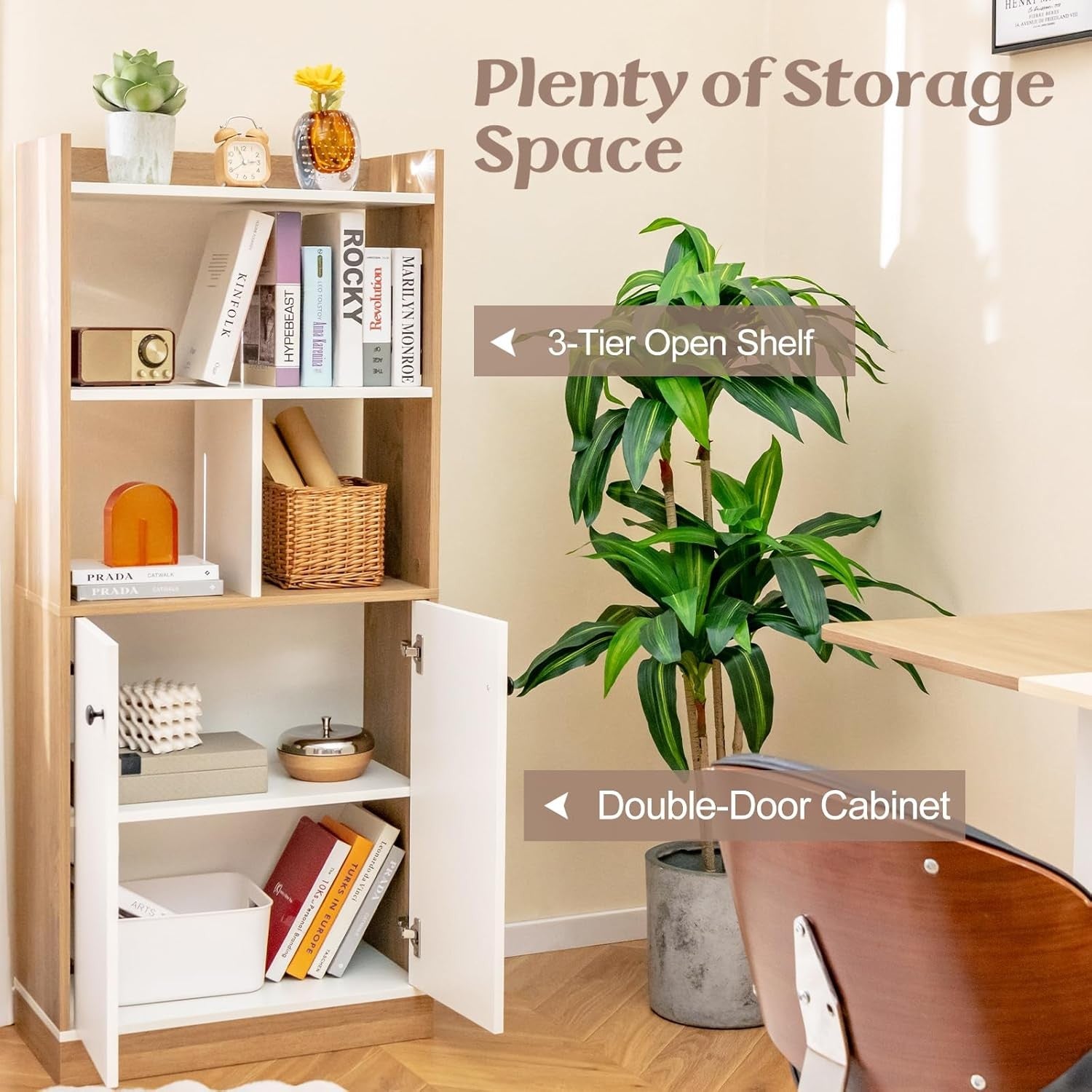Wooden 4-Tier Bookcase with Cabinet, Freestanding Storage Shelf Unit 140cm Tall