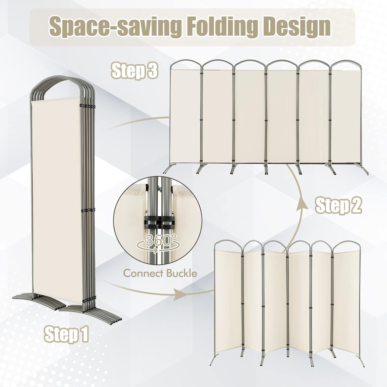 6 Panel Cream Folding Room Divider Privacy Screen for Bedroom Office 188cm High