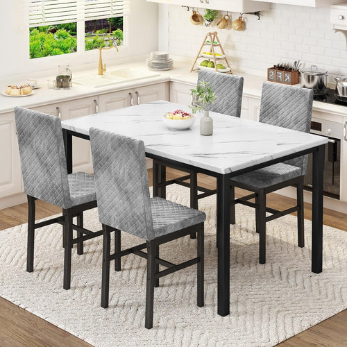 4 Seater Dining Table Set Marble Effect Top & Velvet Chairs Modern Small