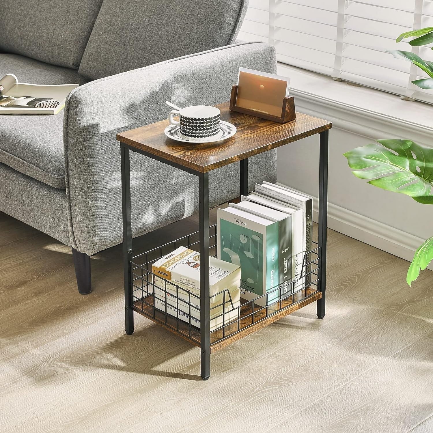 Rustic Brown Side Table with Storage Rack – Small Nightstand & Coffee Table