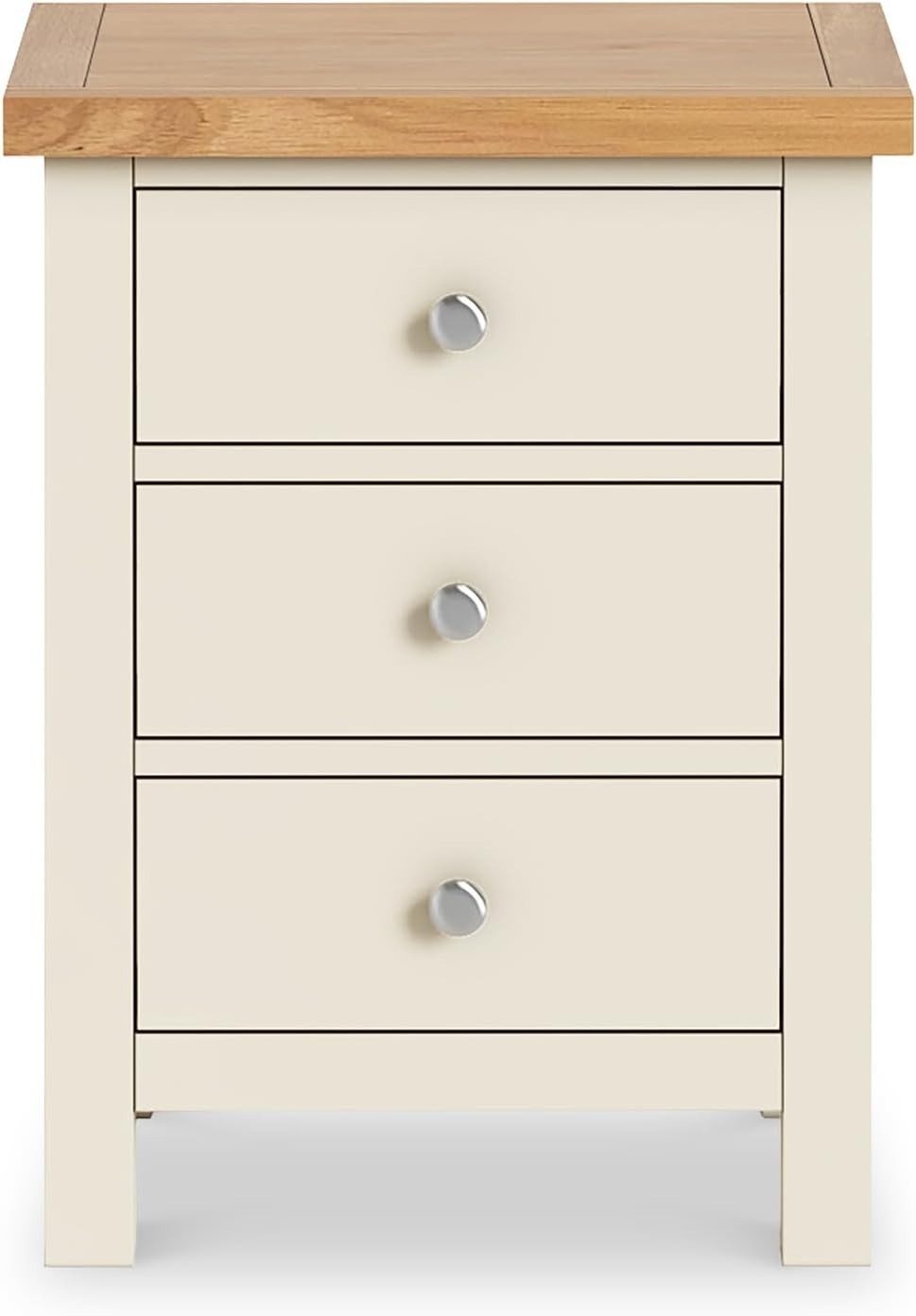 Cream 3 Drawer Bedside Table with Oak Top – Solid Wood Nightstand