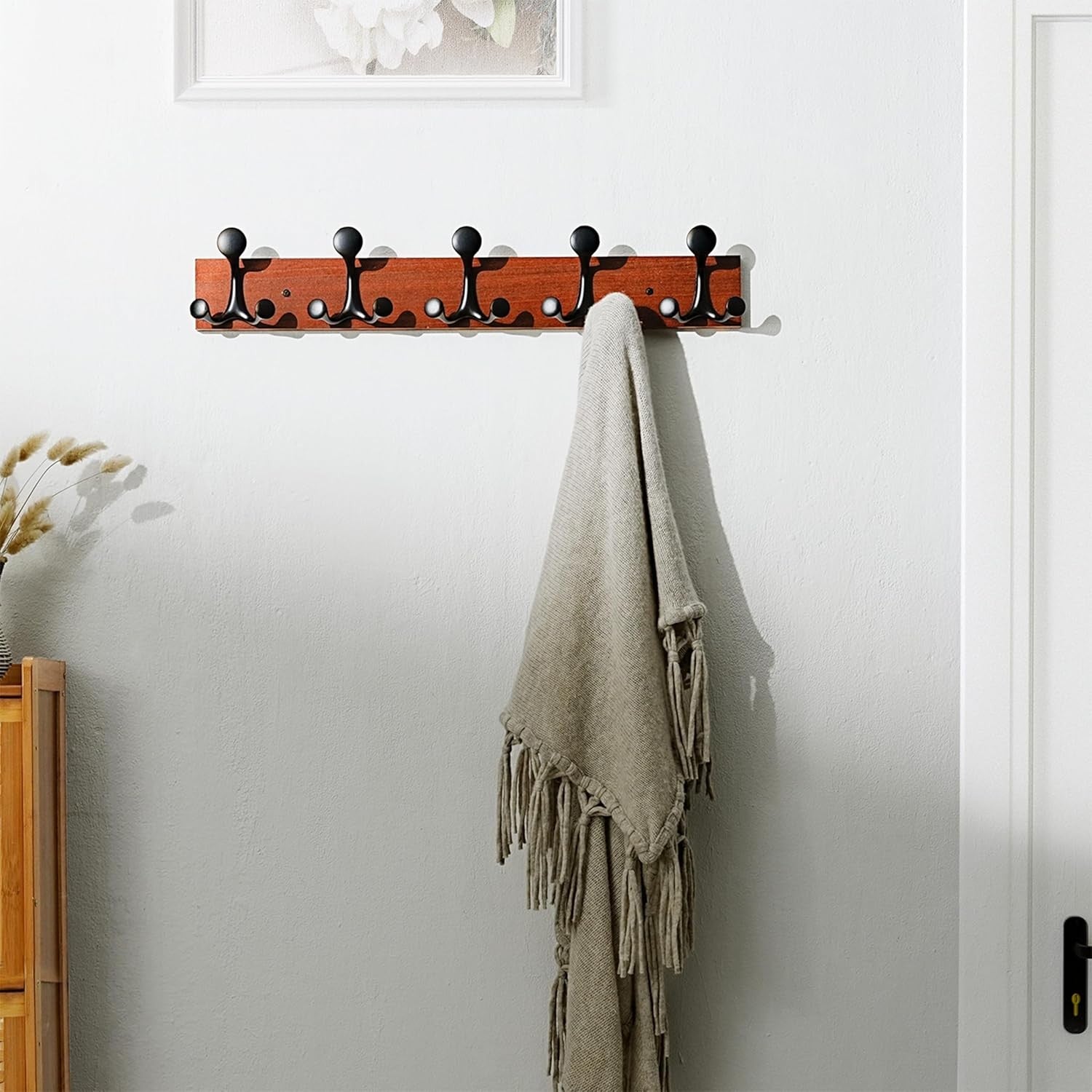 Rustic Cherry Wood Wall Coat Rack 61cm – 5 Triple Hooks Heavy Duty Hanger
