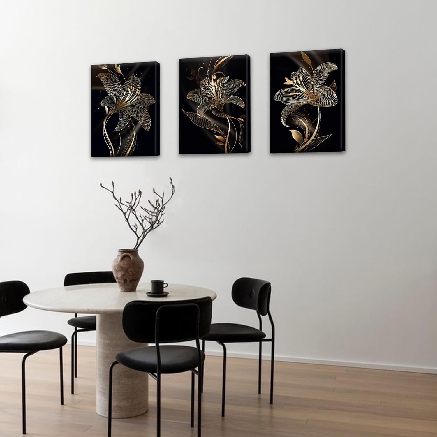 3-Piece Black Gold Lilies Canvas Wall Art 40x60 cm Framed Modern Decor